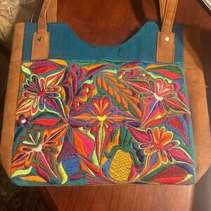 Corduroy and Suede purse shoulder bag embroidered floral pattern teal and tan